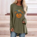 Detail of pumpkin print and Let's Make It Fall Forever text on olive green long sleeve tee - S / Tops / Autumn Pumpkin Cat (Khaki 642X)