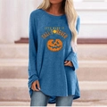 Detail of Jack-o'-lantern print on a navy blue long-sleeve Halloween t-shirt - S / Tops / Autumn Pumpkin Cat (Blue 642X)