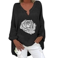 Women's loose black long-sleeve cotton shirt with white floral print and V-neckline - S / Tops / Black Rose Print (1266X)