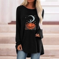 Detail of loose Halloween long sleeve t-shirt with pumpkin and moon print on black fabric - S / Tops / Pumpkin Moon Star (Black)