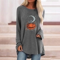 Close-up of Halloween pumpkin and crescent moon print on long sleeve t-shirt - S / Tops / Gray (646X)