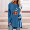 Detail of Halloween pumpkin and moon print on a navy blue long sleeve gothic shirt - S / Tops / Pumpkin Moon Star (Blue)