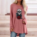 Detail of gothic skull and roses print on casual dark pink long sleeve t-shirt - S / Tops / Pink (716X)