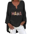 Detail of grey V-neck blouse with waffle texture and MAMA boy print on the chest - S / Tops / Black MAMA Print (1268X)