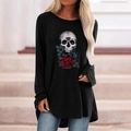 Detail of gothic long sleeve tee showing skull and red rose print on black fabric - S / Tops / Black (716X)