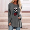 Detail of gothic skull and red rose print on a loose dark grey long sleeve t-shirt - S / Tops / Gray (716X)