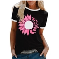 Women's black short sleeve T-shirt with pink sunflower heart print and white trim - 3XL / Tops / Black (Pink Sunflower and Heart)
