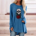 Detail of the skull and red roses print on long-sleeved gothic oversized t-shirt - S / Tops / Blue (716X)
