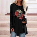 Detail view of a black Gothic long-sleeve tee with skull and red rose graphic print - S / Tops / Drop Shoulder Skull Rose (Black)
