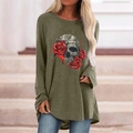 Detail of army green Gothic t-shirt with skull and red roses print on soft fabric - S / Tops / Drop Shoulder Skull Rose (Army Green)