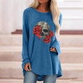 Detail view of gothic long sleeve T-shirt featuring skull and red rose graphic print - S / Tops / Drop Shoulder Skull Rose (Blue)