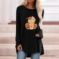 Detail of Halloween pumpkin and coffee latte print on black long-sleeve gothic shirt - S / Tops / Pumpkin Coffee PSL (Black)