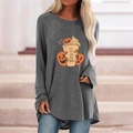 Detail of grey Halloween t-shirt showing pumpkin lattes print and loose fit on a model - S / Tops / Gray (776X)