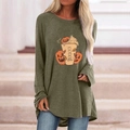 Olive green Halloween pumpkin long sleeve loose t-shirt for women in autumn style - S / Tops / Khaki (776X)