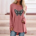Detail of gothic butterfly and skull print on a dusty pink long sleeve T-shirt - S / Tops / Butterfly Skull (Pink)