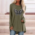 Close-up of olive green long sleeve t-shirt with butterfly skull graphic print - S / Tops / Khaki (1221X)