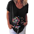 Women's V-neck black short sleeve T-shirt featuring creative dandelion and butterfly print - S / Tops / Black (Butterfly Dandelion-626X)