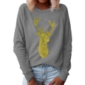 Grijze damessweatshirt met gouden glitter rendierprint en ronde halslijn - S / Grijs