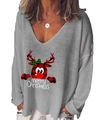 Women's grey long sleeve V-neck Christmas top featuring a reindeer and merry Christmas print - S / Gray
