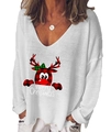 White Christmas reindeer print V-neck long sleeve T-shirt with Merry Christmas text - S / White