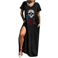 Schwarzes Damen-Maxikleid mit V-Ausschnitt, Totenkopf-Rosen-Print und hohen Seitenschlitzen - S / Schwarz Totenkopf Rose (716X)