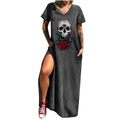 Dunkelgraues V-Ausschnitt Maxikleid mit Totenkopf-Druck, Kurzarm und Seitentaschen - Dunkelgrau 716x / S