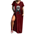 Kurzärmeliges weinrotes Maxikleid mit Totenkopf-Rosen-Print und Seitenschlitz - Burgundy 716x / S