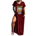 Robe longue rouge foncé à col en V avec imprimé crâne, fente latérale et poches - S / Haut Et Bas / Rouge Vin Tournesol Crâne (717X)