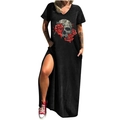Robe longue noire col en V avec motif tête de mort et roses, fentes et poches - S / Bas / Noir Crâne Rose (718X)