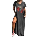 Robe longue délavée style gothique avec imprimé crâne et roses et fente latérale - S / Bas / Gris Foncé Crâne Rose (718X)