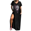 Robe longue noire à manches courtes avec imprimé tête de mort et fente latérale - S / Bas / Noir Crâne Papillon (719X)
