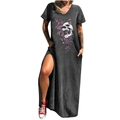 Robe maxi grise à col en V avec imprimé crâne et papillon et fentes latérales - S / Bas / Gris Foncé Crâne Papillon (719X)