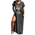Robe longue grise col en V avec imprimé crâne et tournesol et fentes latérales - S / Hauts / Gris Foncé Tournesol Crâne (720X)