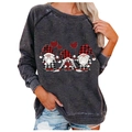 Dark gray Christmas sweatshirt featuring festive gnome prints in a loose casual style - 3XL / Tops / Deep Gray Plaid Hat Gnome (818X)