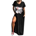 Robe longue noire pour femme avec imprimé tête de mort et fleurs, fente et poches - S / Hauts / Noir Crâne Rose (721X)