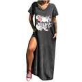 Robe longue gris foncé à imprimé tête de mort et fleurs avec col en V et fentes - S / Hauts / Gris Foncé Crâne Rose (721X)
