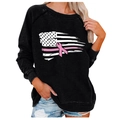 Close-up of pink ribbon American flag print on black crewneck breast cancer sweatshirt - S / Black