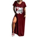 Robe longue bordeaux à col en V avec imprimé crâne floral et poches latérales - S / Hauts / Rouge Vin Crâne Rose (721X)
