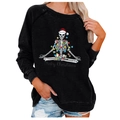 Women's black crewneck sweatshirt featuring a skeleton in a Santa hat with festive lights - 3XL / Black Yoga Skeleton (726X)