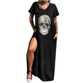 Robe longue noire à col en V avec imprimé crâne léopard et fente latérale pratique - S / Haut et Bas - Crâne Léopard (722X) / Noir
