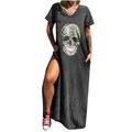 Robe longue femme col V avec imprimé crâne léopard et fentes latérales gris anthracite - S / Haut et Bas - Crâne Léopard (722X) / Gris foncé