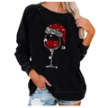 Felpa nera da donna con stampa calice di vino glitterato e cappello di Babbo Natale - S / Nero