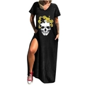 Robe longue noire à manches courtes avec imprimé tête de mort et poches à fentes latérales - S / Haut et Bas - Crâne Floral (723X) / Noir