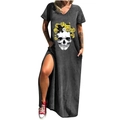 Robe maxi grise à col en V avec imprimé crâne et fleurs, fentes latérales et poches - S / Haut et Bas - Crâne Floral (723X) / Gris foncé