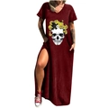 Robe longue bordeaux à col en V pour femmes avec imprimé de crâne et fente latérale - S / Haut et Bas - Crâne Floral (723X) / Bordeaux