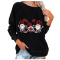 Women's black crewneck sweatshirt featuring festive gnomes and heart balloon print - 3XL / Tops / Black Plaid Heart Gnomes (818X)
