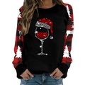 Detail of Christmas wine glass print and buffalo plaid sleeves on a black sweatshirt - S / Black Wine Glass