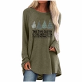 Detail of olive green Christmas T-shirt featuring tree prints and funny slogan - S / Tops / Khaki Christmas Tree Quote Print