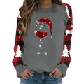 Detail of red plaid raglan sleeves with reindeer print and wine glass Christmas graphic - S / Gray Wine Glass