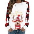 Close-up of Merry Christmas reindeer print on white sweatshirt with buffalo plaid sleeves - S / White Reindeer Merry